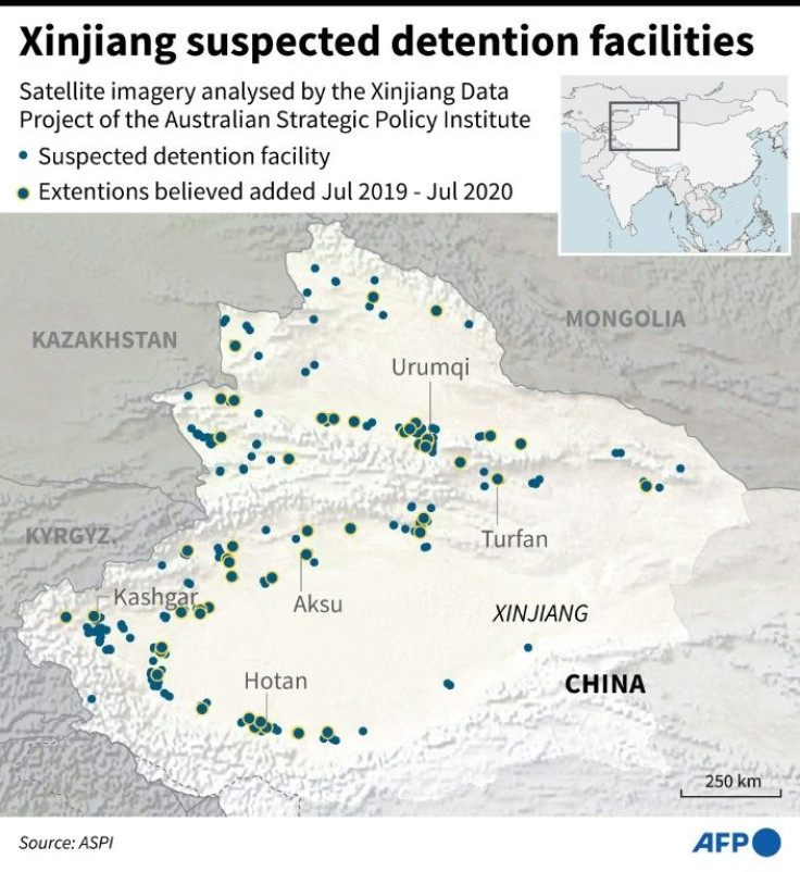 Map of China's north-western Xinjiang region showing suspected detention centres, according to satellite imagery analysed by the Xinjiang Data Project of the Australian Strategic Policy Institute.