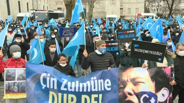 Uyghur community members in Istanbul gather to protest the visit of the Chinese Foreign minister to Turkey. Rights groups believe at least one million Uyghurs and other mostly Muslim minorities have been incarcerated in camps in the northwestern region, w