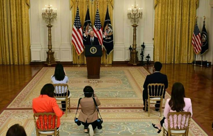 Journalists were socially distanced for US President Joe Biden's first news conference