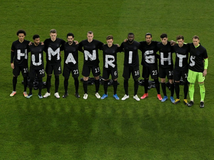 Germany's players with the wording "Human rights" on their T-shirts before Thursday's 3-0 win over Iceland in a 2022 World Cup qualifier in Duisburg