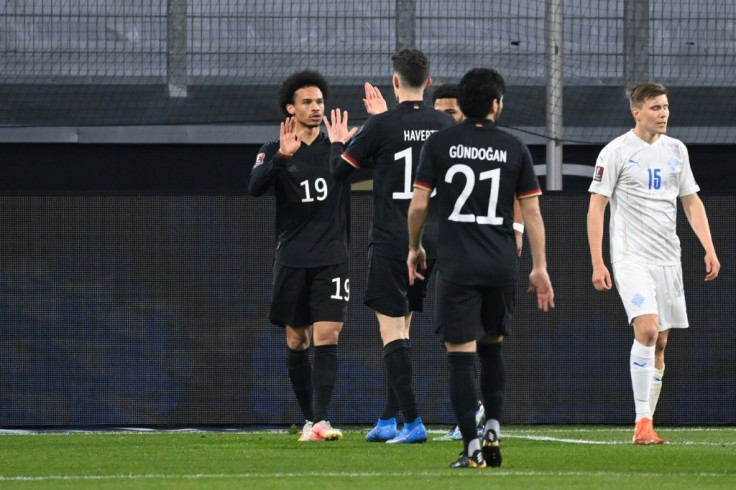 Leroy Sane (L) and goal-scorer Kai Havertz celebrate scoring for Germany in Thrusday's 3-0 win over Iceland in a World Cup qualifier