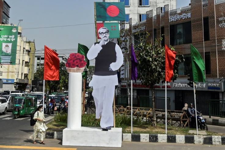 A large cutout of Bangladesh's founder Sheikh Mujibur Rahman in Dhaka