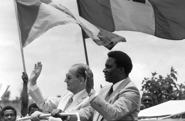 France's then president François Mitterrand is pictured in 1982 with his Rwandan counterpart Juvenal Habyarimana
