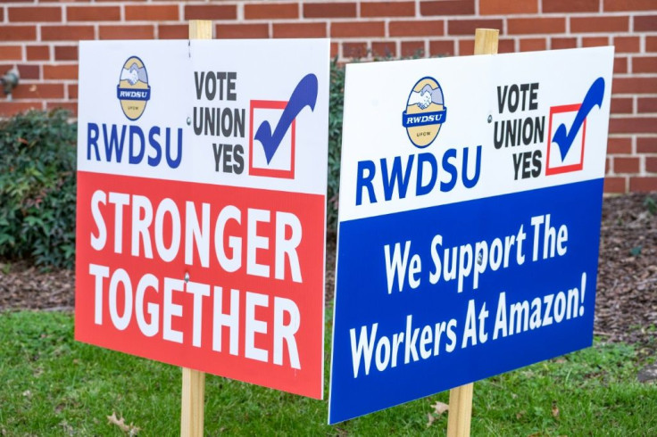 Signs outside the Amazon fulfillment center BHM1 in Bessemer, Alabama, during a unionization drive on March 5