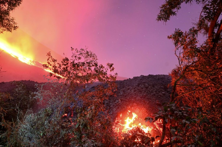 Lava flowing out of the Pacaya volcano, 25km south of Guatemala City on March 25, 2021