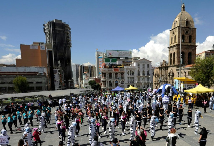 Educators disguised as zebras take part in the Jerusalema Dance Challenge to leave a message of faith, strength and hope amid the Covid-19 pandemic in La Paz