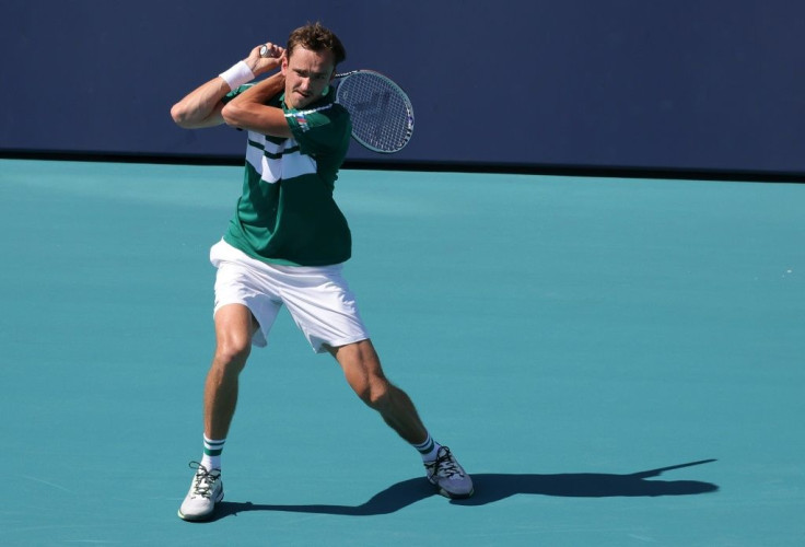 Russian top seed Daniil Medvedev on the way to a second-round victory over Taiwan's Lu Yen-Hsun in the Miami Open ATP and WTA hardcourt tennis tournament
