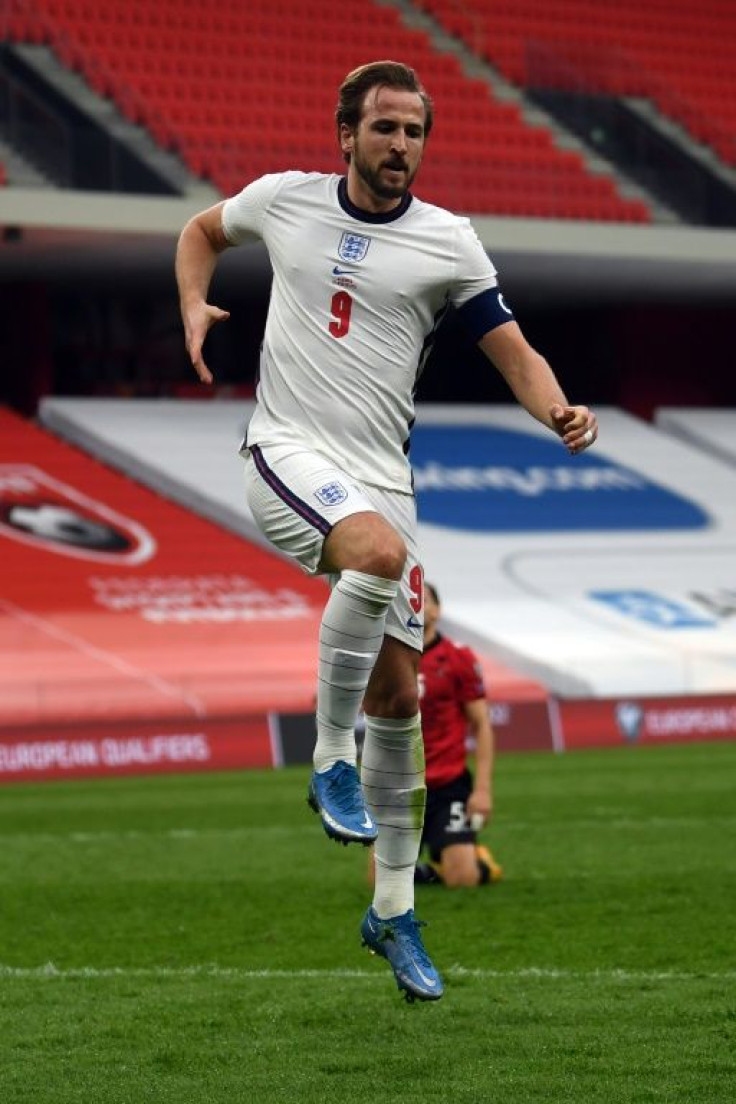 Jumping for joy: Harry Kane celebrated after heading England in front in Albania