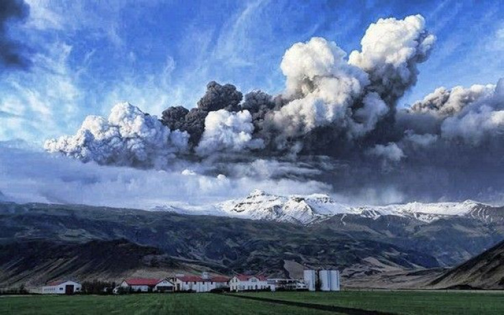 A plume of volcanic ash rises into the atmosphere in Iceland
