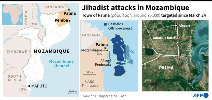 Maps locating the town of Palma, north Mozambique, under jihadist attack, and the Mozambique LNG gas site, owned by Total, located some 10 kilometres away