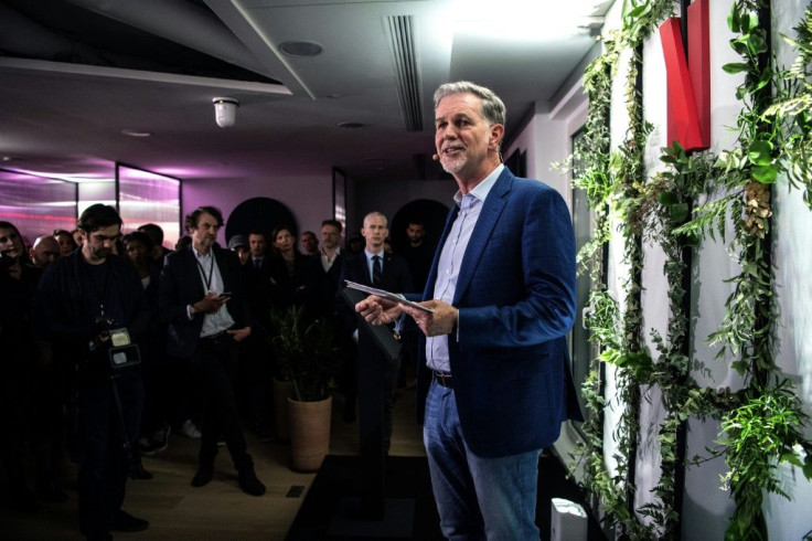 Co-founder and director of Netflix Reed Hastings delivers a speech as he inaugurates the new offices of Netflix France, in Paris