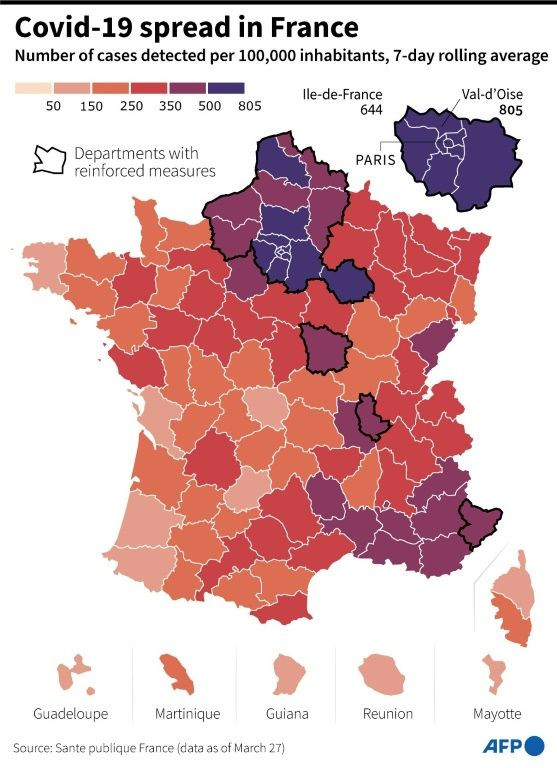 Number of cases detected across France by department between March 21 and 27 per 100,000 inhabitants, based on French public health authority data