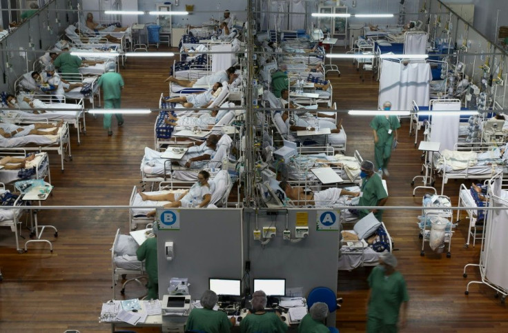 Covid-19 patients in Brazil are treated in a field hospital set up in a gym in the town of Santo Andre on March 26, 2021