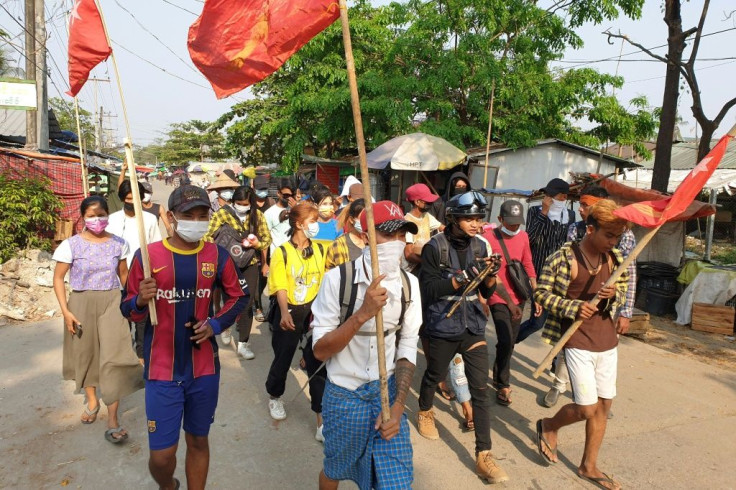 Protesters rally against the military coup in Yangon on March 31