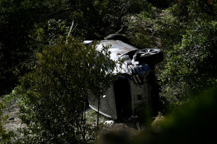 Tiger Woods' SUV lies on its side after the accident involving the golfer on February 23