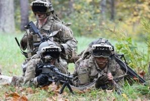 Soldiers from the 82nd Airborne Division use the latest prototype of the Integrated Visual Augmentation System (IVAS) during a training exercise at Fort Pickett, Blackstone, Virginia