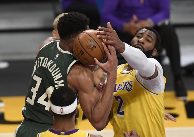 Andre Drummond #2, making his debut with the Los Angeles Lakers, and Giannis Antetokounmpo #34 of the Milwaukee Bucks Andre Drummond #2, making his debut with the Los Angeles Lakers, and Giannis Antetokounmpo #34 of the Milwaukee Bucks 