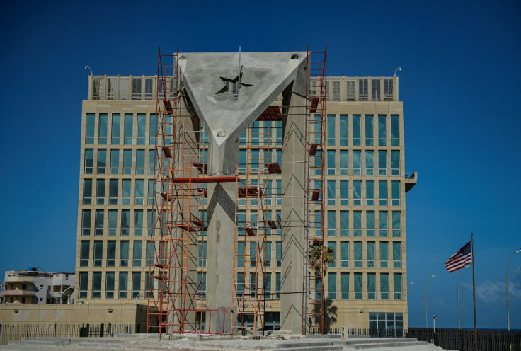 The 12-meter tall concrete flag has been installed in front of the US embassy in Havana