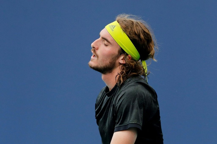 Second-seeded Stefanos Tsitsipas reacts during his quarter-final loss to Poland's Hubert Hurkacz in the Miami Open ATP and WTA tournament