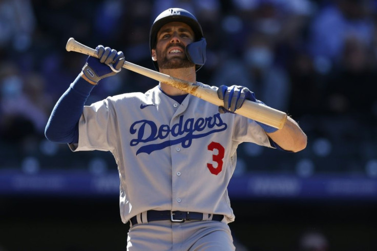 Chris Taylor reacts after striking out in the Los Angeles Dodgers opening day loss to the Colorado Rockies