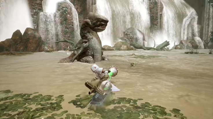 A hunter with an Insect Glaive fights a Jyuratodus in Monster Hunter Rise