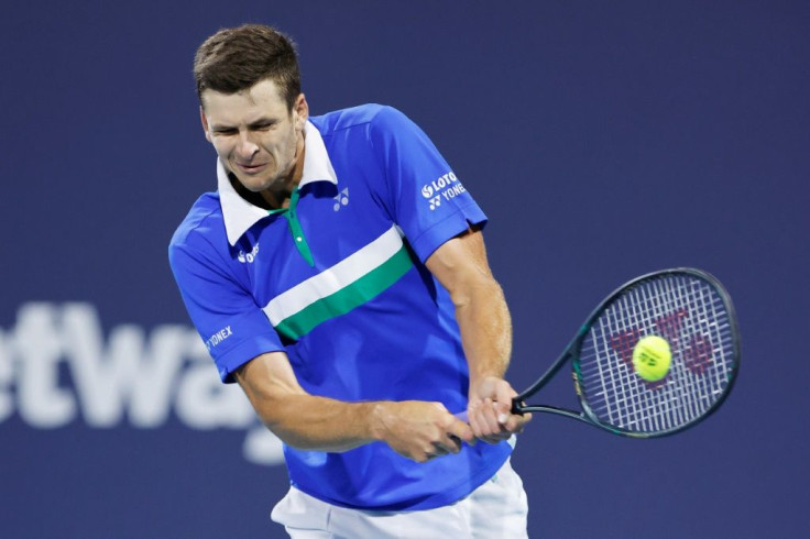 Poland's Hubert Hurkacz on the way to a semi-final win over fourth-seeded Russian Andrey Rublev in the semi-finals of the ATP Miami Masters