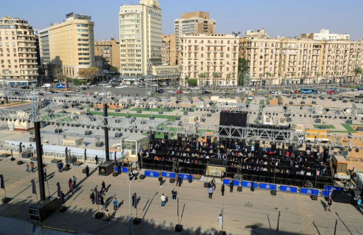 Stage set  along the parade area near the Egyptian Museum in Tahrir Square for the parade of 22 ancient Egyptian royal mummies