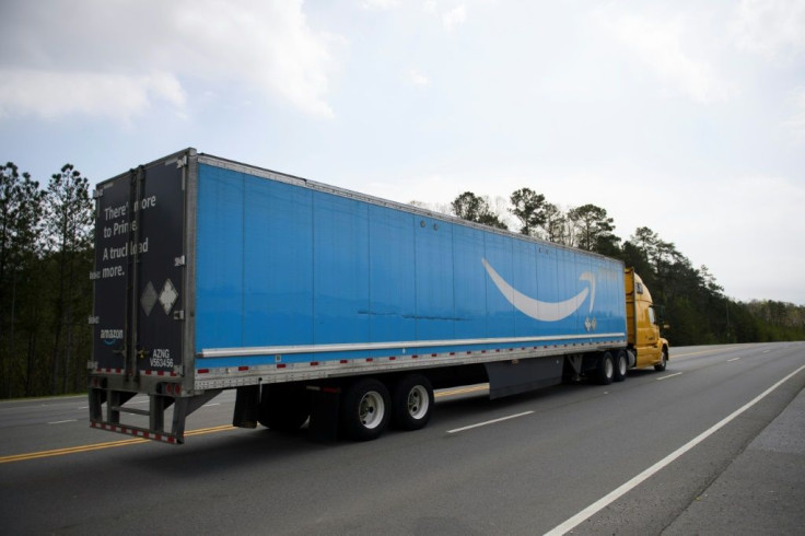 A truck bearing Amazon's logo is seen on a highway in the southern US state of Alabama on March 26, 2021