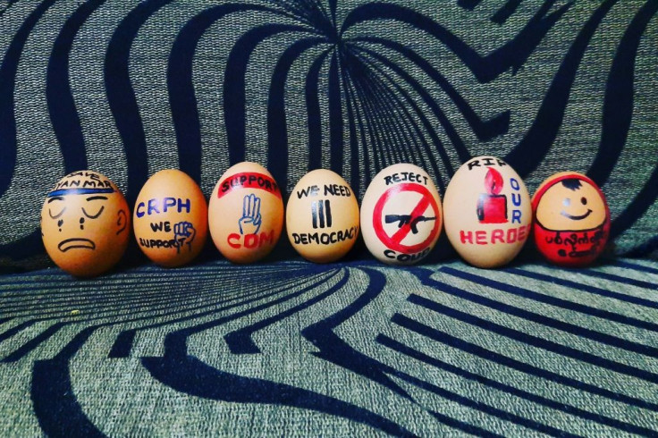 Scores of Myanmar protesters decorated eggs with political messages on Easter Sunday