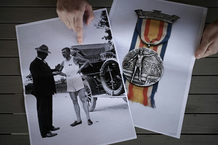 Pictures of Albert Corey and his silver medal for the marathon at the 1904 Olympics in St Louis