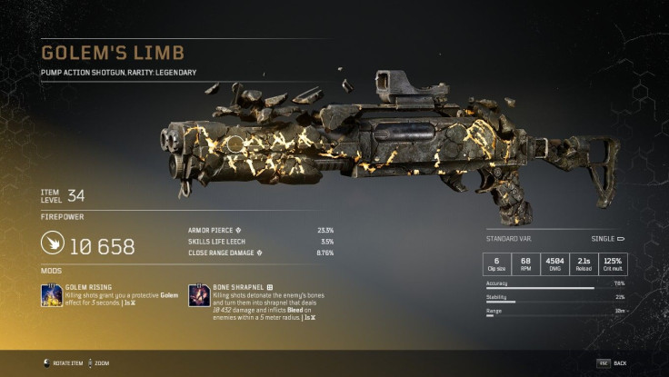 The legendary Golem's Limb shotgun in Outriders