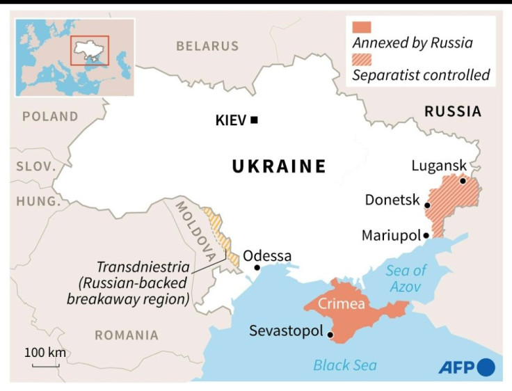 Map of Ukraine showing territory occupied by pro-Russian separatists in the east and Russian-annexed Crimea.