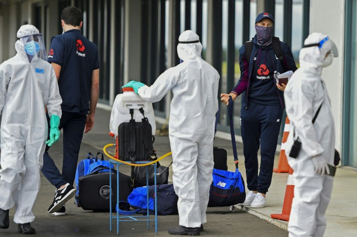 England captain Joe Root (second right) and teammates arrive in a bio-secure bubble for the their tour of Sri Lanka and India earlier this year