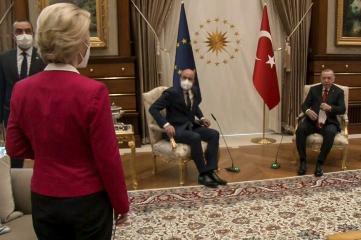 A video grab from footage released by the Turkish presidency shows Erdogan receiving EU Council President Charles Michel and EU Commission President Ursula von der Leyen -- who was left without a chair