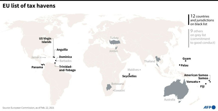 World map showing countries on the EU's black and grey lists for tax havens.