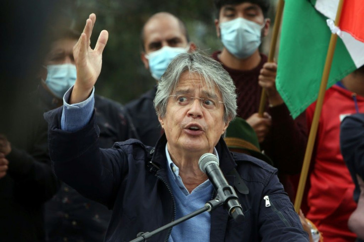 Ecuadoran presidential candidate Guillermo Lasso, speaks during his closing campaing rally near the city of Cayambe on April 7, 2021