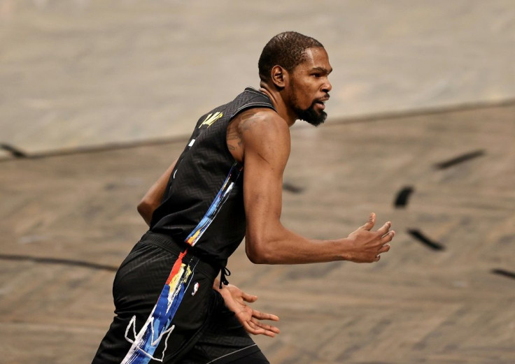 Brooklyn Nets Kevin Durant reacts after his shot and no foul was called against the New Orleans Pelicans in the second quarter at Barclays Center in New York