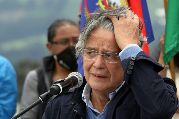 Ecuadoran presidential contender Guillermo Lasso gives a campaign closing message at the Reloj Solar Quitsato, near Cayambe, on April 7, 2021