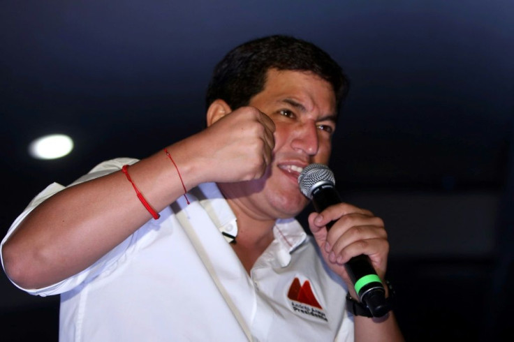 Ecuadoran presidential candidate Andres Arauz gives a speach during the closing of his campaign at the Centro Cultural Deportivo Cumanda in Quito, on Apri 8, 2021
