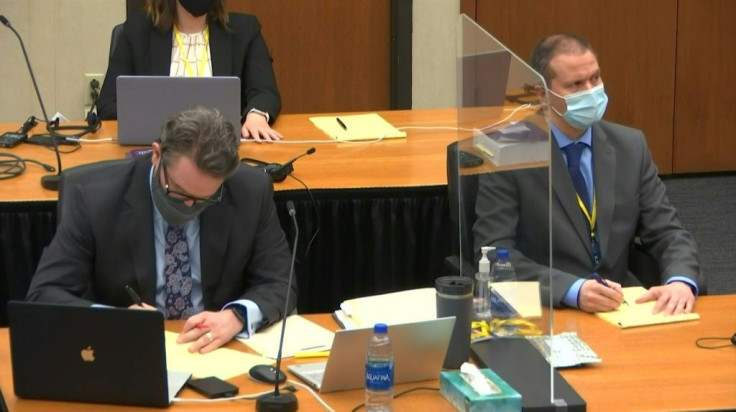 Derek Chauvin (R) in court in a screenshot obtained from pool video feed via Court TV