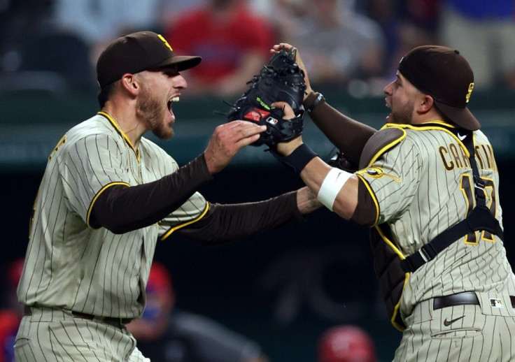 Joe Musgrove celebrates with Victor Caratini after pitching a no-hitter against the Texas Rangers