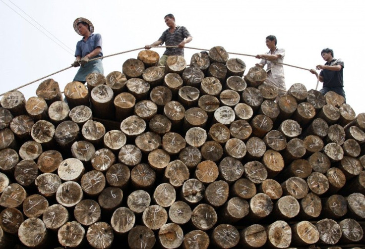 Labourers use a rope to pile logs at a timber market in China
