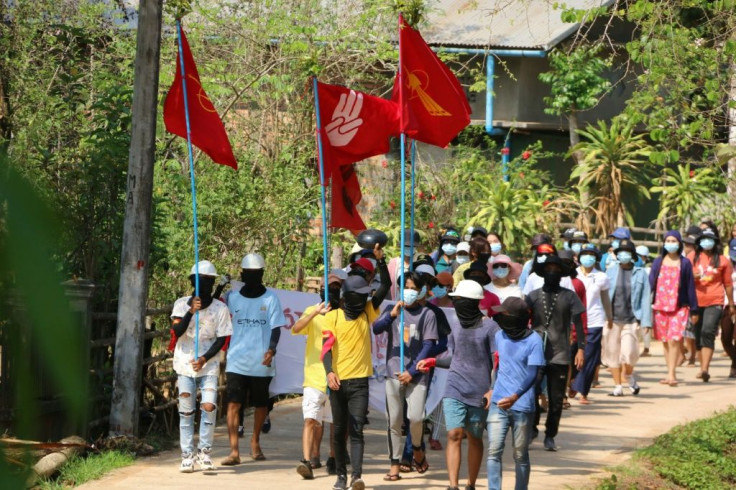 Protesters march against the military coup in Launglone township in Myanmar's Dawei district