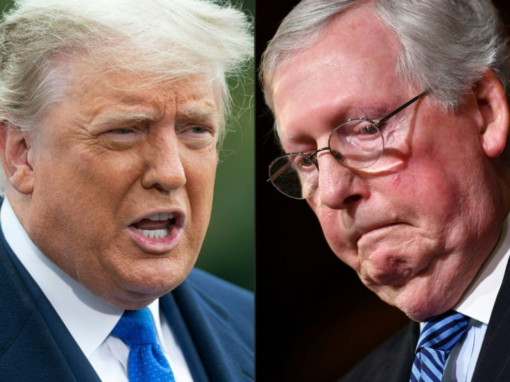 Former US president Donald Trump (L) has lashed out at Senate Republican leader Mitch McConnell (R) in remarks April 10, 2021 to fellow Republicans at his Florida resort