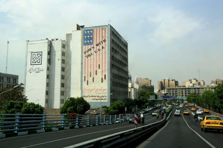 A large anti-US mural covers the wall of a building in the centre of Iran's capital Tehran