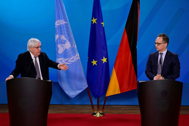 UN Special Envoy for Yemen Martin Griffiths (L), alongside German Foreign Minister Heiko Maas, warned peace efforts had hit a 'critical moment'