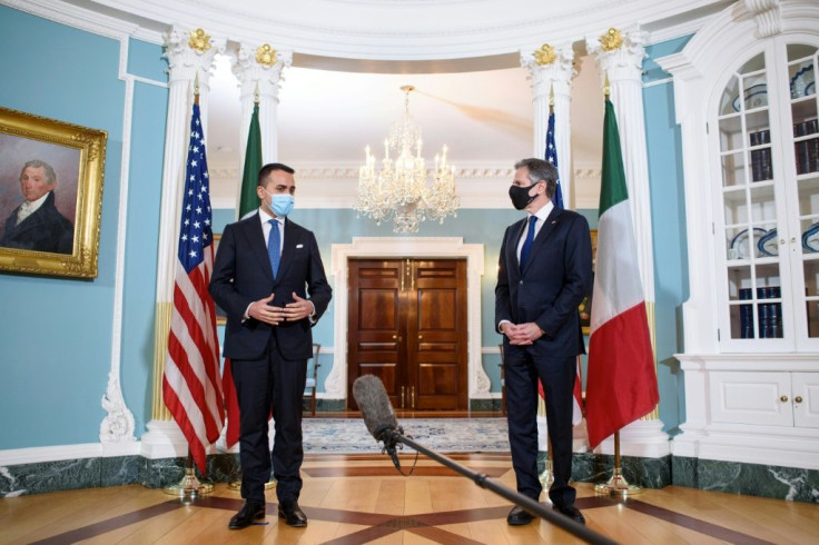 US Secretary of State Antony Blinken (right) receives Italy's Foreign Minister Luigi Di Maio as his first visitor at the State Department