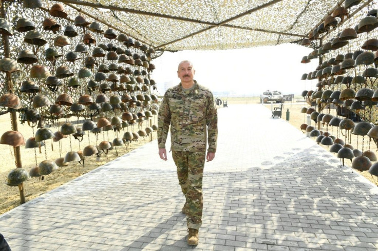 Azerbaijani President Ilham Aliyev tours the Military Trophy Park showcasing military equipment seized from Armenian troops