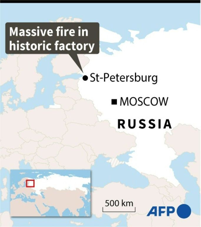 Map locating Saint-Petersburg in Russia where a massive fire destroyed an historic factory.