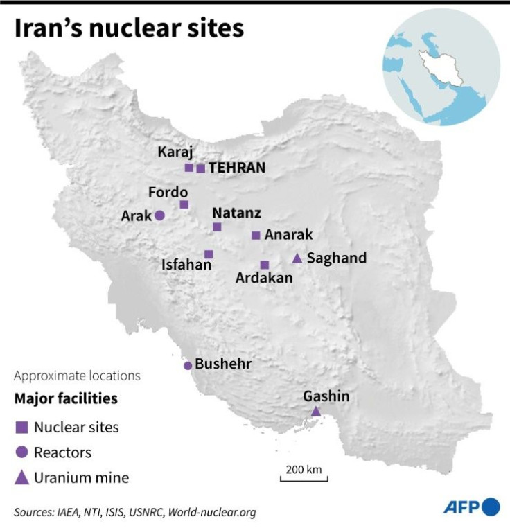 Map of Iran showing main nuclear facilities.